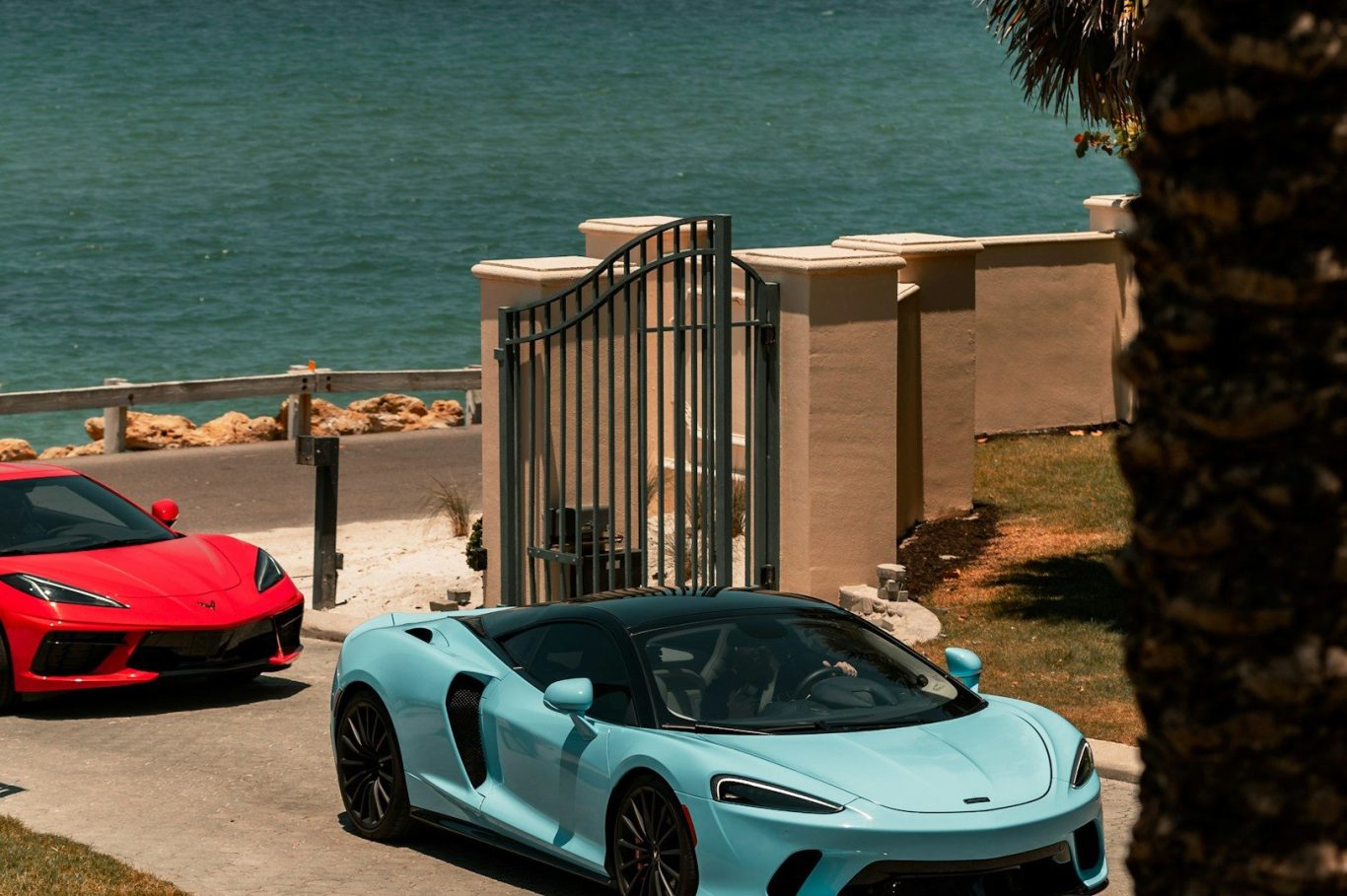 Two luxury sports cars, one blue and one red, parked near a waterfront.