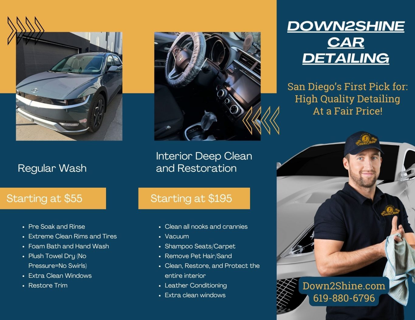 Car detailing advertisement featuring pricing for wash and interior cleaning services.