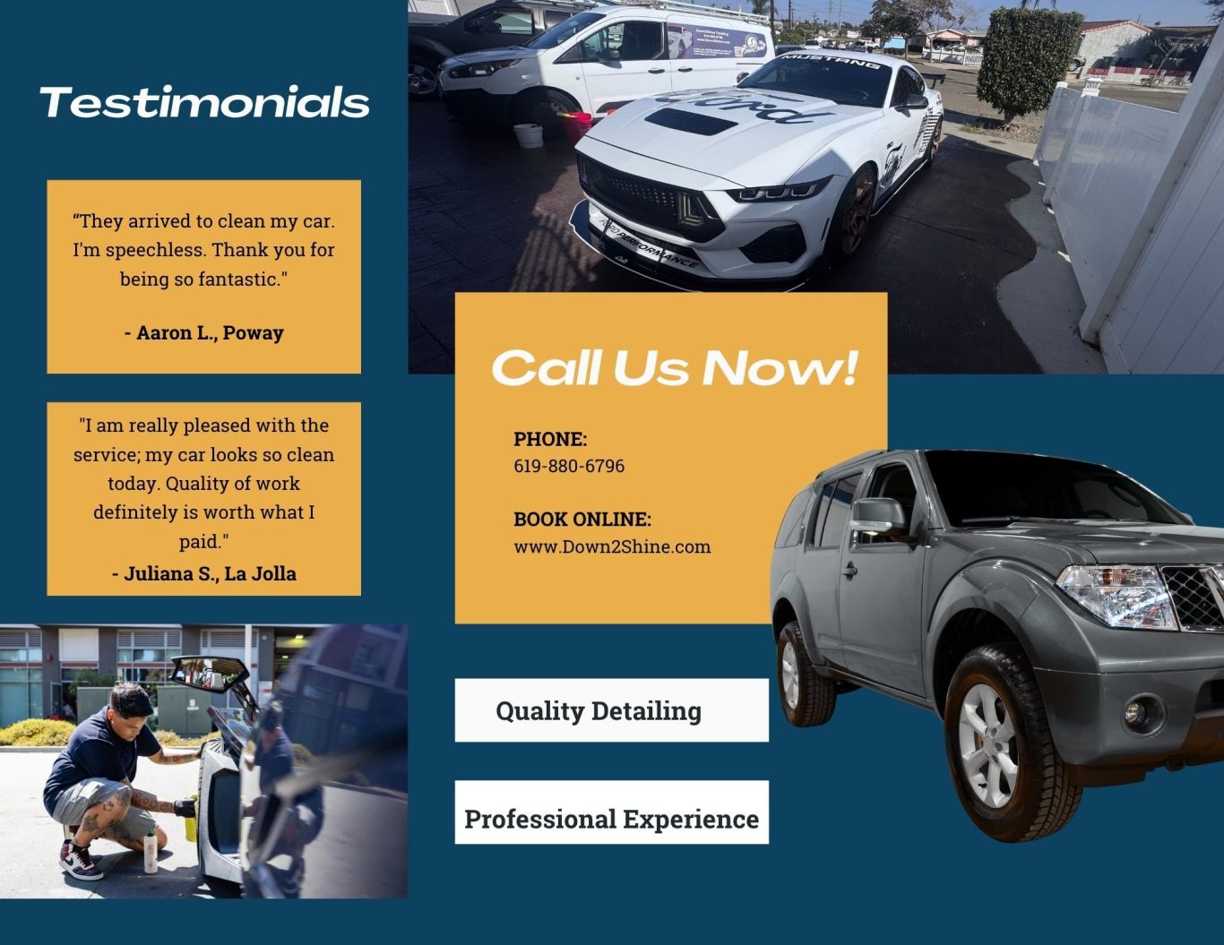 A collage featuring cars, customer testimonials, and service contact information.