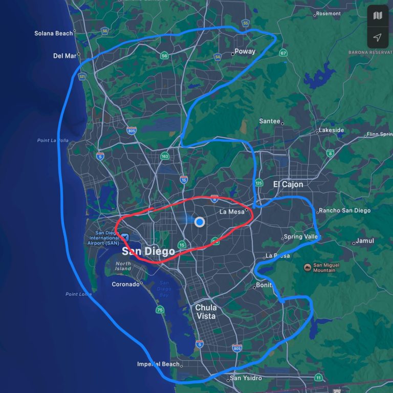 Map of San Diego with highlighted areas in blue and red, indicating specific zones.